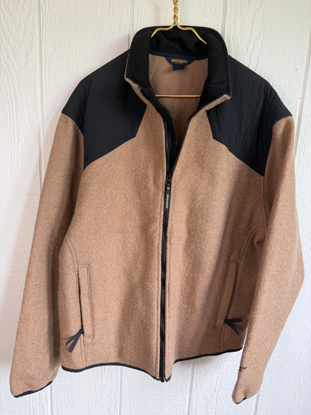 Woolrich TechnoWool Men's XL Full Zip Wool Blend Fleece Jacket Tan Black USA